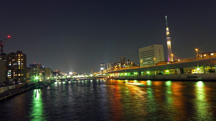 Tokyo Skytree view from Kuramae-bashi bridge over the Sumida river