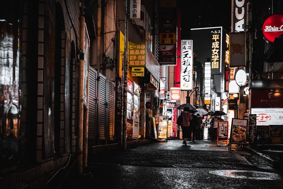 Tokyo neon-lit streets at night in the rain